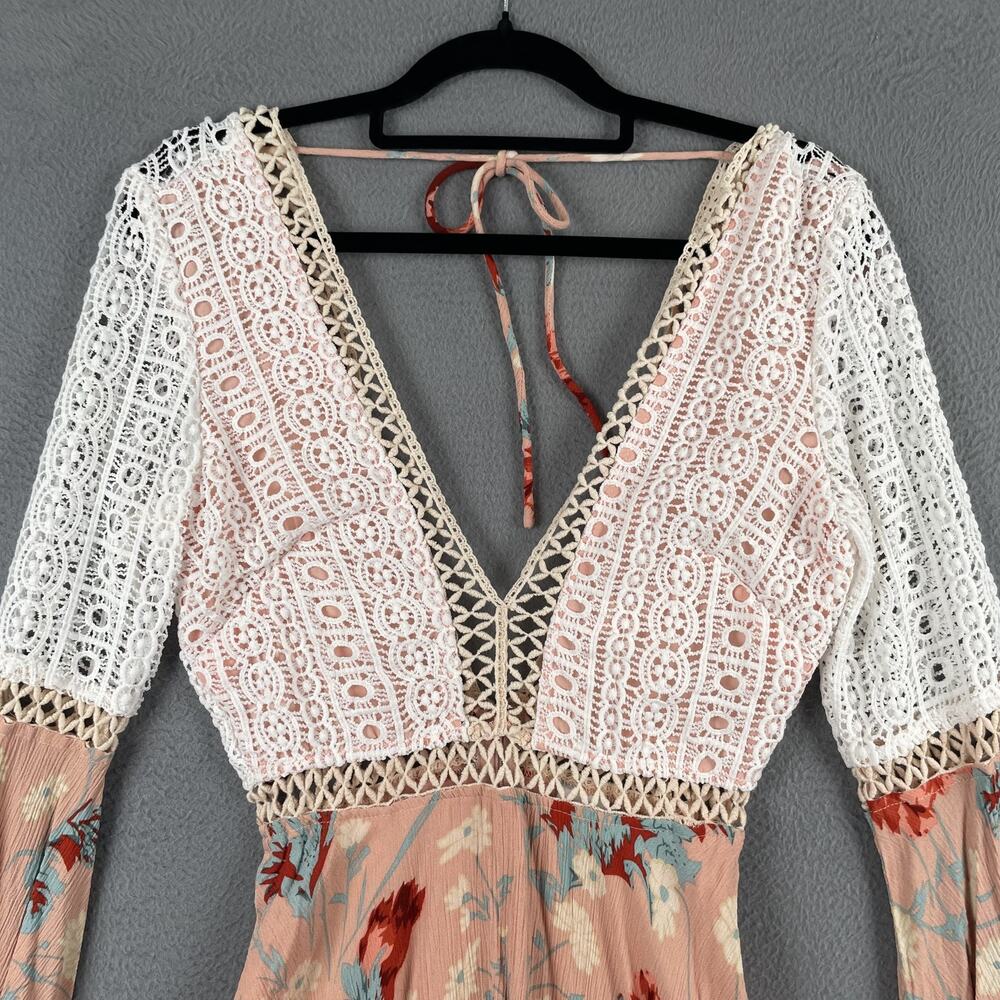 Selfie Leslie Dress Womens Small Floral Lace Boho Long Sleeve Crochet Trim Mini - Picture 2 of 15